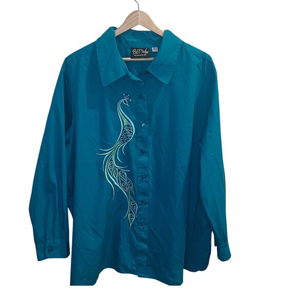 Bob Mackie Button Down Peacock Tunic Top Size 2X Slit Hem Teal/‎ Green - Picture 1 of 7